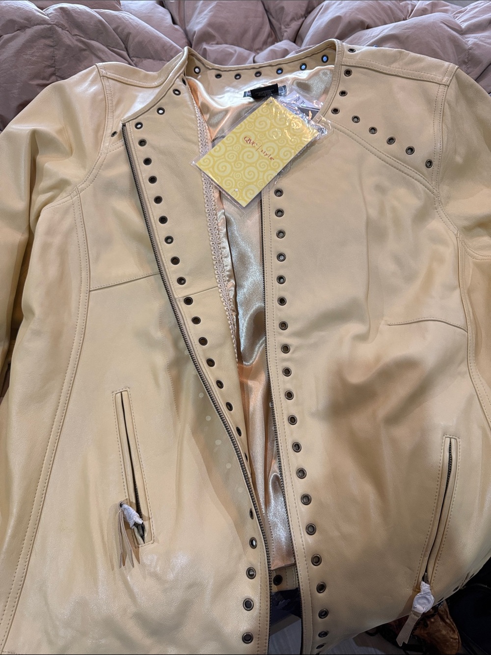 Women’s Yellow Leather Jacket with Stud Accents